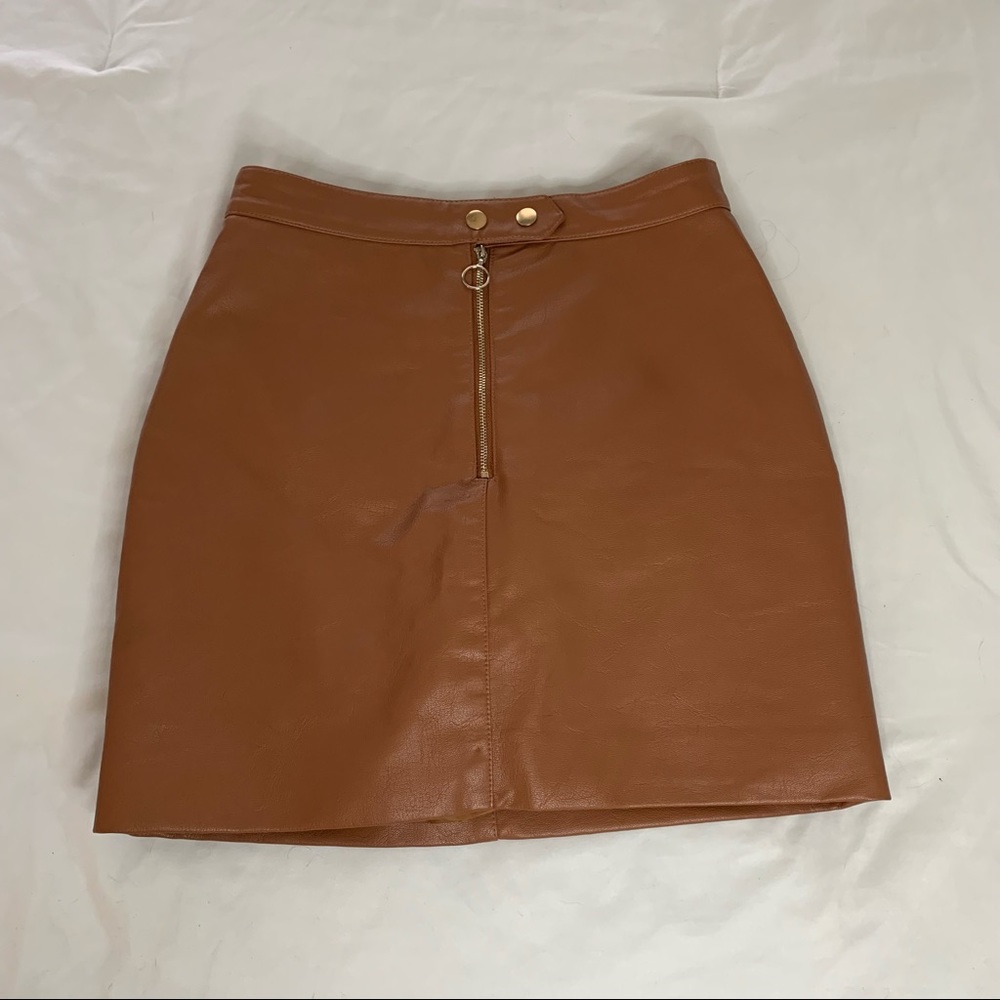 PU Leather zip up A-line High Waisted Mini Skirt Camel/Brown
